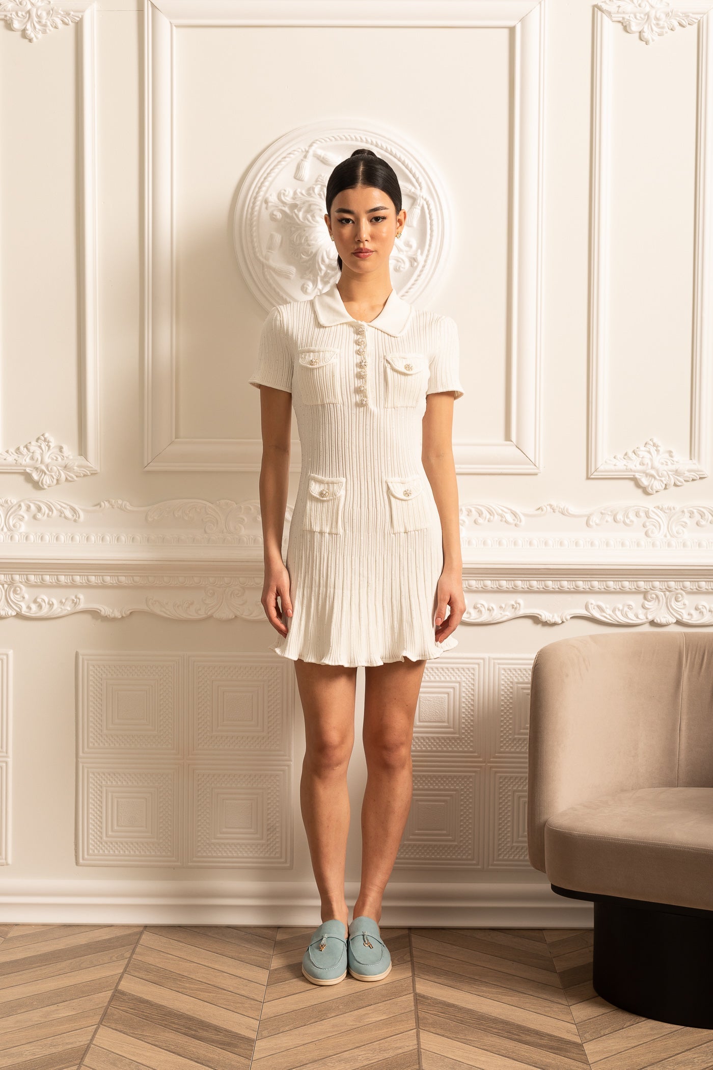 Short Sleeve Hourglass Diamond Dress - White