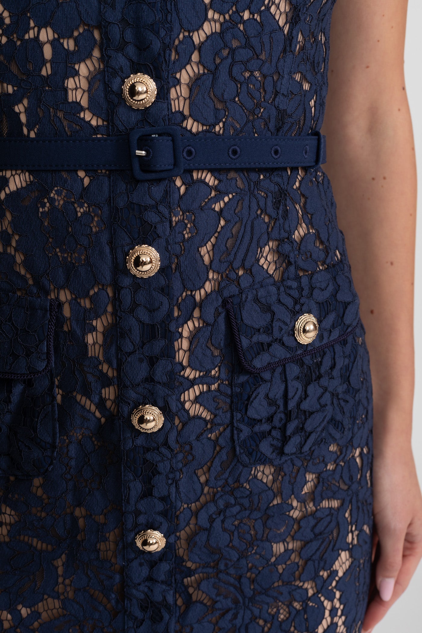 Floral Lace Midi Dress with Tailored Collar and Belted Waist - Navy