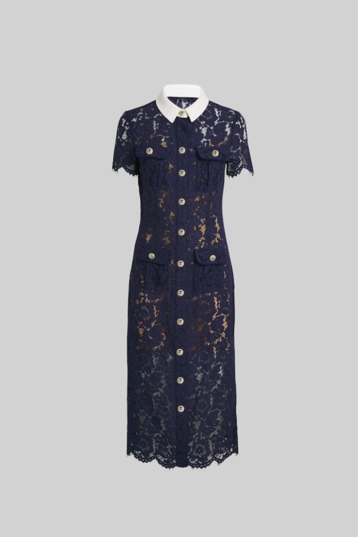 Floral Lace Midi Dress with Tailored Collar and Belted Waist - Navy