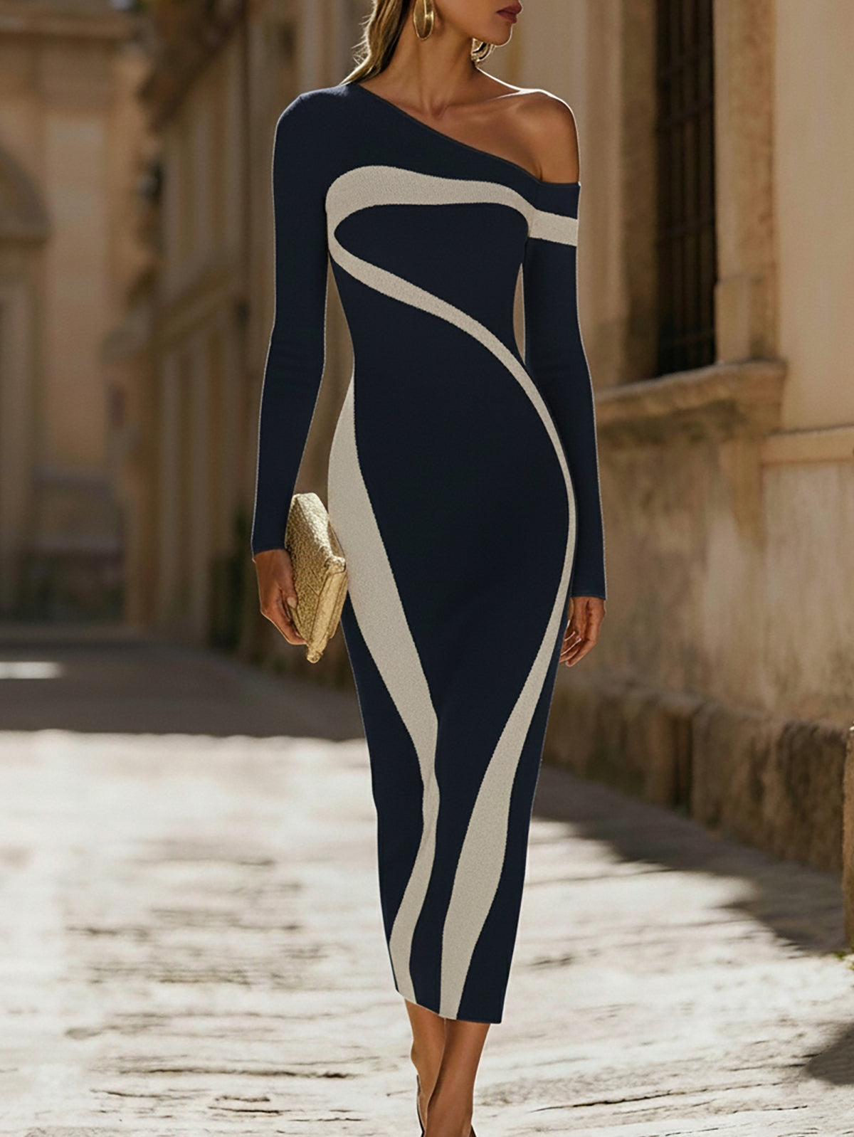 Elegant Monochrome Contrast One - Shoulder Bodycon Dress